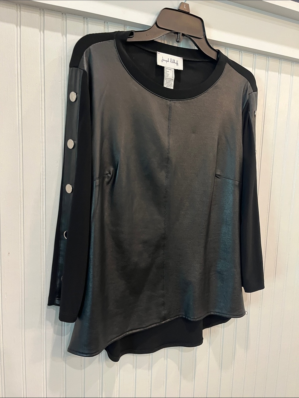 Joseph Ribkoff Black Faux-Leather Front Long Sleeve Top with Snap Details